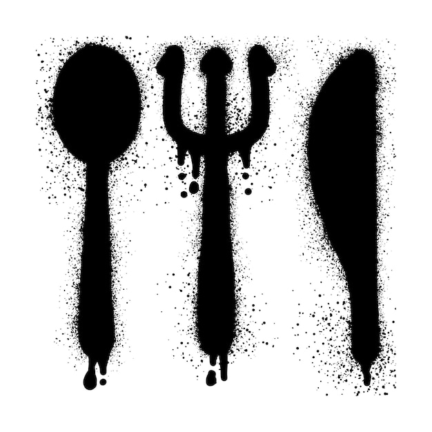 Spoon fork and knife with graffiti black spray paint