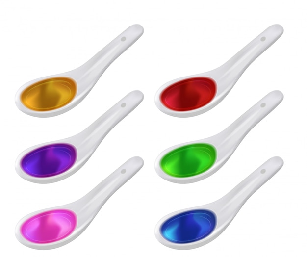 Spoon with colored syrup, liquid  realistic style.  illustration