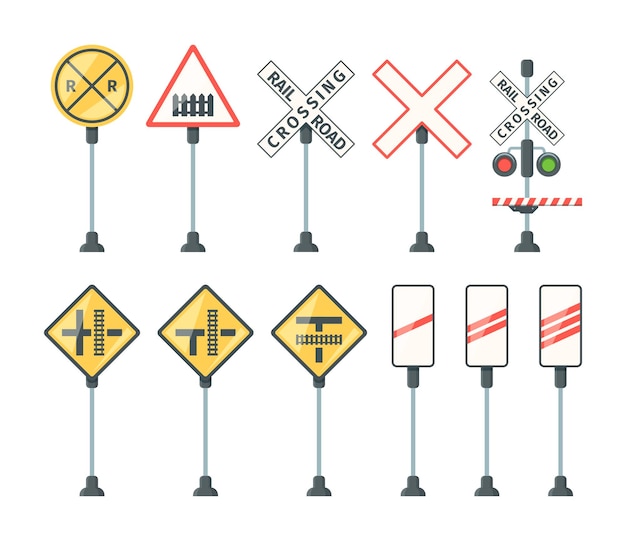 Vector spoorweg borden. trein barrières verkeerslicht specifieke symbolen weg richting pijlen en banners vector platte afbeeldingen. illustratie weg spoorweg teken, licht verkeerslicht