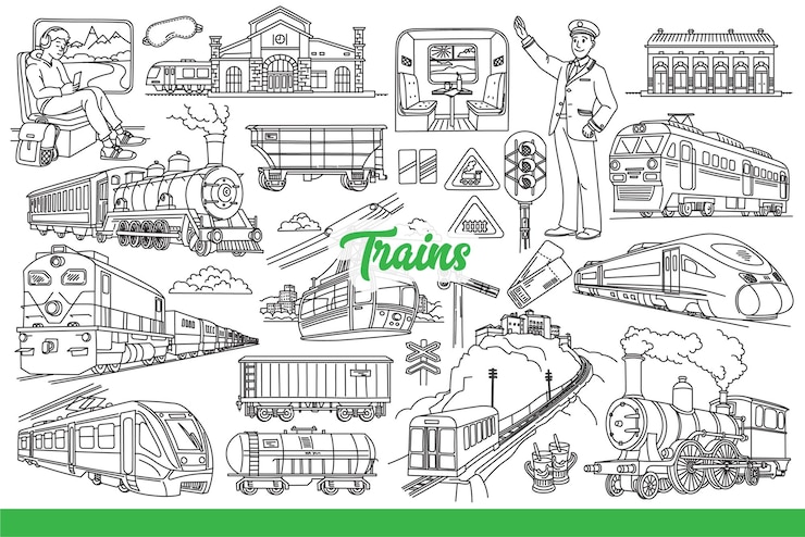 Vector spoorwegindustrie en gebruik van treinen om de wereld rond te reizen en goederen met de hand te leveren