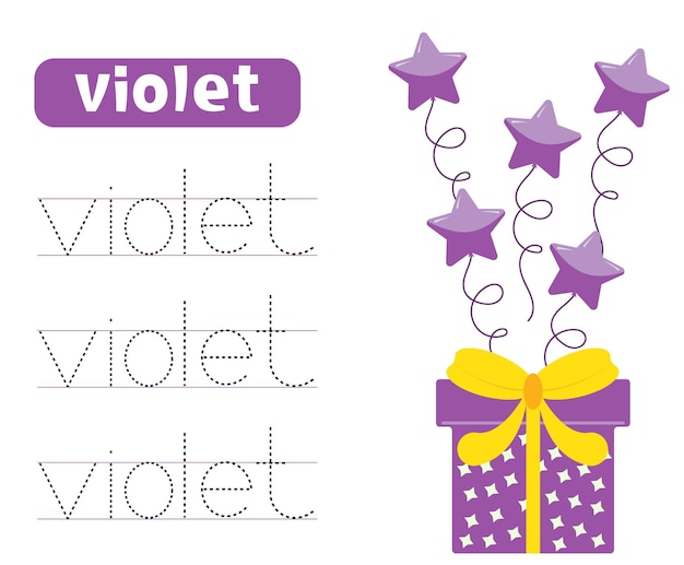 Sporen en schrijven van het woord violet Leren van kleuren met cadeau doos en ballonnen Werkbladen voor kinderen