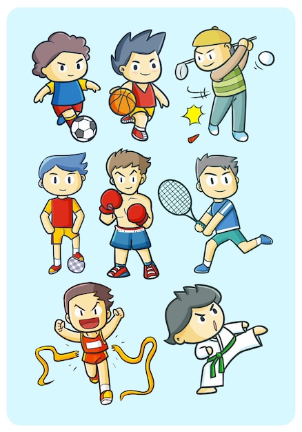 Sport activities characters in simple doodle style