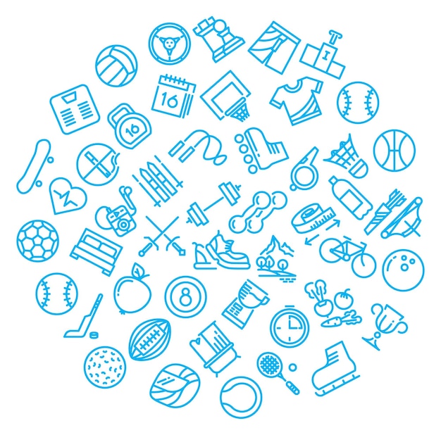 Sport activities linear icons in round shape