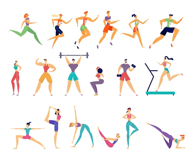 Sport activities set. male and female sportsmen characters workout.