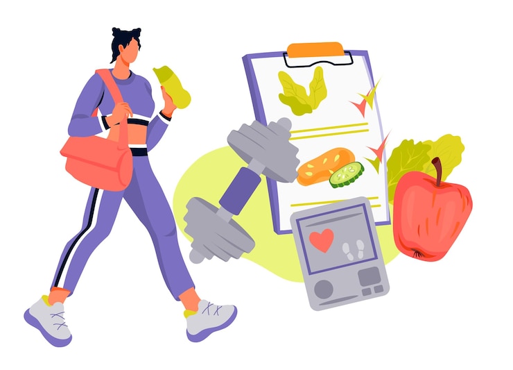 Vector sport activity and diet plan concept with woman going to training flat vector illustration isolated