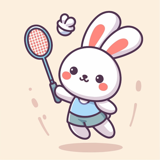 sport animal cute bunny playing badminton with net racket vector illustration