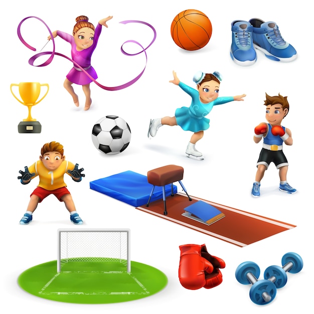 Sport, athletes and equipment icons set