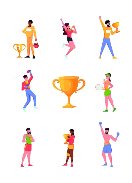 Sport athletes swimming characters boxers football players runners jogging persons garish vector athletes winners