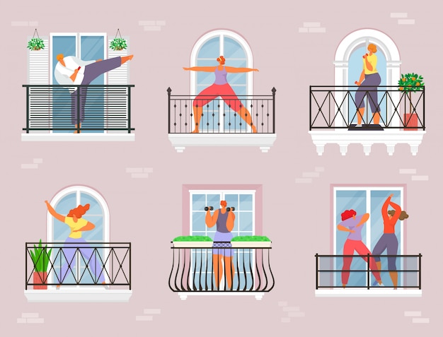 Sport at balcony, quarantine house  illustration. person character do exercise at home,  yoga girl at coronavirus lifestyle.