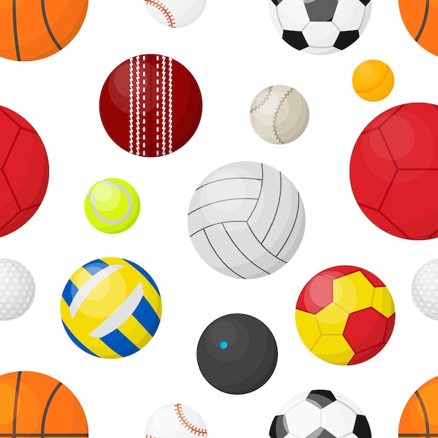 Вектор Спортивные мячи фон плоский бесшовный баннер с мячами для футбола, баскетбола, футбольного бейсбола