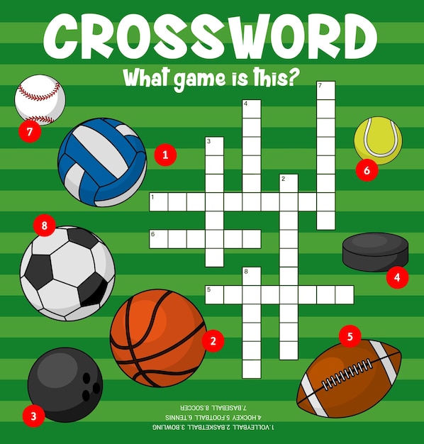 sport balls crossword puzzle worksheet to find word vector quiz game grid kids education riddle crossword to guess balls of volleyball basketball or bowling hockey and football soccer or tennis