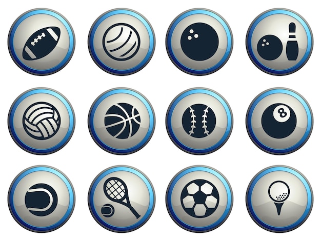 Vector sport balls dark icons on gray round buttons