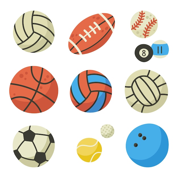 Sport balls. Football, tennis, baseball, soccer and bowling sports equipment. Balls for playing games cartoon vector illustrations