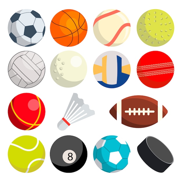 Set di palloni sportivi: calcio, rugby, baseball, pallacanestro, tennis, puck, pallavolo