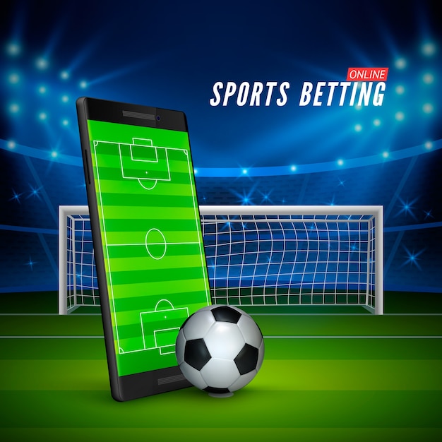 Sport betting online. Mobile phone with soccer field on screen and realistic football ball in front. Soccer stadium on background.