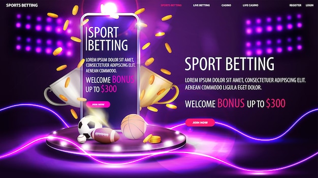 Vector sport betting purple banner with smartphone champion cups sport balls and falling gold coins on violet podium with spotlights and line neon waves lasers around