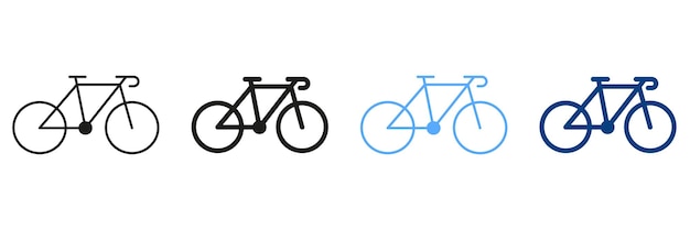 스포츠 자전거 라인 및 실루엣 색상 아이콘 설정 산악 자전거 무늬 도로 자전거 기호