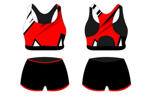 Вектор Спецификации одежды спортивного бюстгальтера, вид спереди и сзади основные цвета стандартная униформа черный и красный t