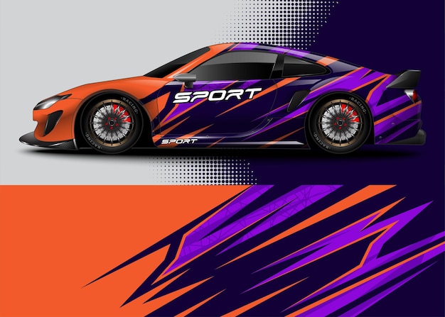벡터 랩 데칼 스티커 디자인 및 추상적 배경이 있는 차량 상징을 위한 스포츠카