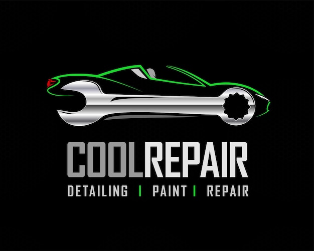 Vector sport car logo mechanic tool in light green and metallic effect with black background