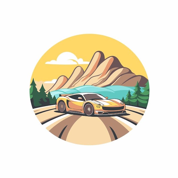 Vector sport car on the road in the mountains vector illustration in retro style