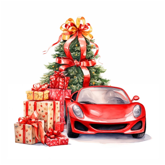 sport car with christmass gifts watercolor paint