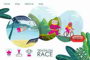 Vector sport cat triathlon race landing banner vector illustration athlete cartoon animal healthy training