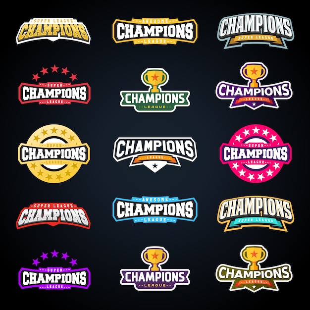 Sport champion or champions league emblem typography set