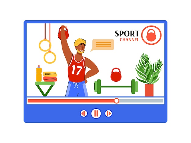 Vector sport channel fitness tutorial - video player screen with man lifting weights