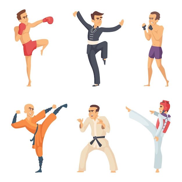 Vector sport characters in action poses. taekwondo karate fighters