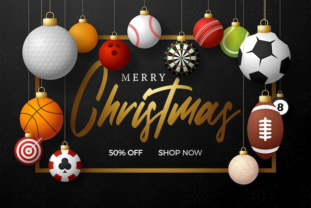 スポーツクリスマスセールバナー。スポーツ野球、バスケットボール、サッカー、テニスボールのクリスマスカードは、黒のモダンな背景のスレッドに掛かっています。ベクトルイラスト。あなたのテキストのための場所