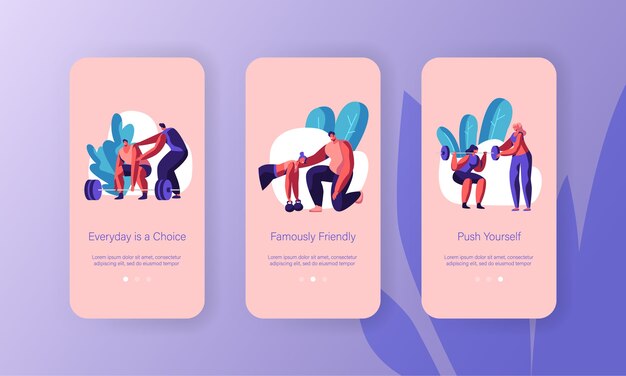 Sport coach training sportsman mobile app page onboard screen set.
