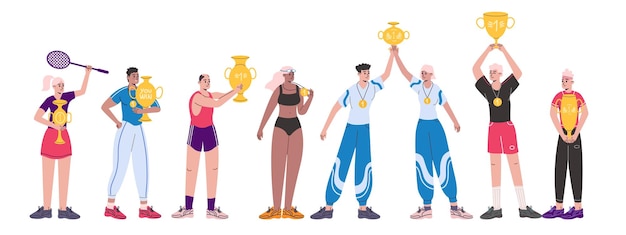 Vector sport competition winners happy athletes sportive people with golden medals and cups champions hold well deserved awards different characters tennis and swimming vector isolated sportsmen set