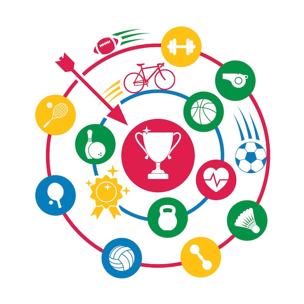 Vector sport concept abstract circle with icons of sports accessories and equipment winning cup among  set icons of sport vector illustration sports background design logo for fitness centers and gyms