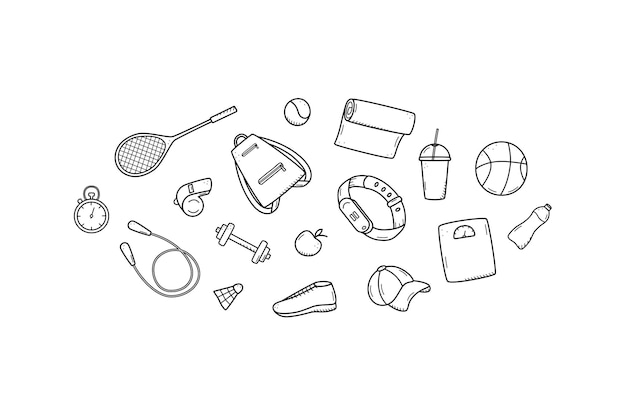 Sport doodle icon set concept Ontwerpelementen van een sport omkeren een gezonde levensstijl Vectorillustratie