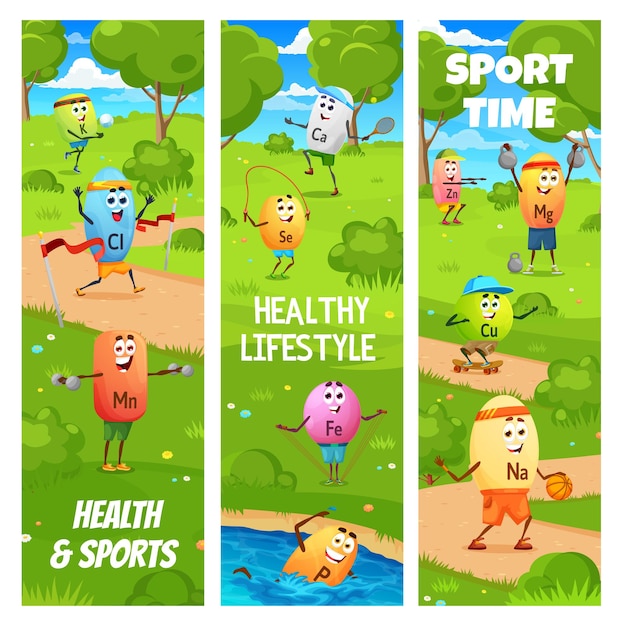 Sport en gezondheid cartoon vitaminen sportman