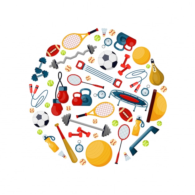 Sport equipment in circle shape flat vector illustration