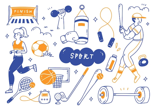 Vector sport equipment in doodle line art illustration