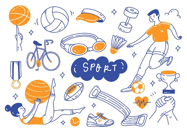 Vector sport equipment in doodle line art illustration