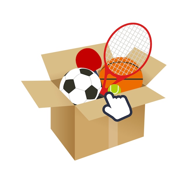 Sport equipment set in box from online shopping and cursor