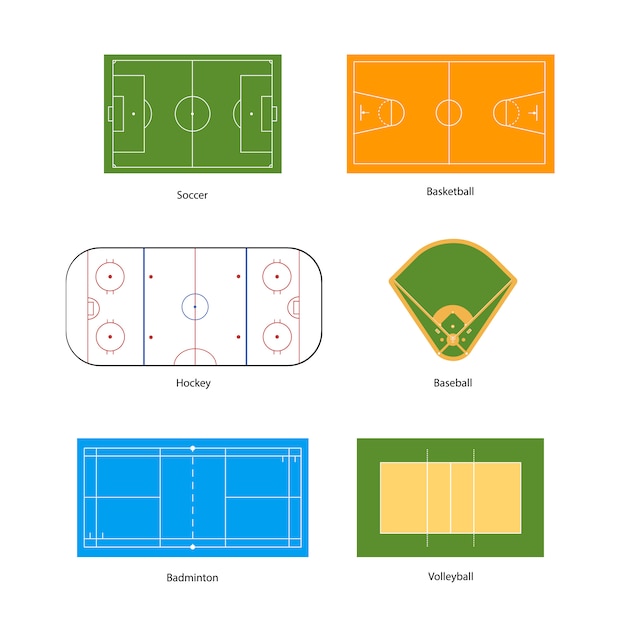 Спортивные поля маркировки для футбола, баскетбола, волейбола, бейсбола, хоккея и бадминтона, изолированные