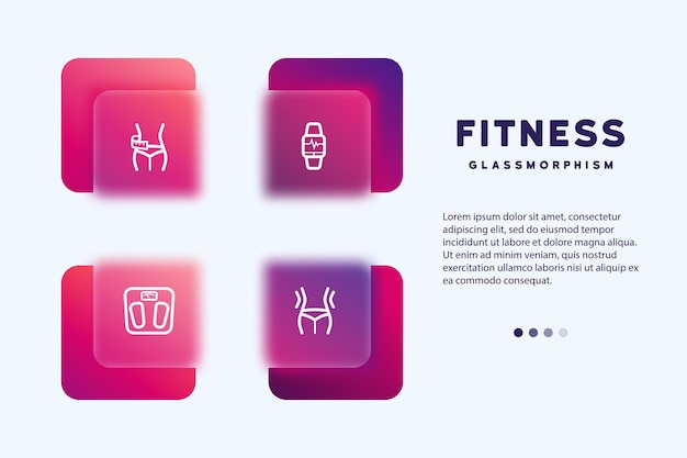 Sport and fitness icon set. fitness line icons. contains icons gym, nutrition, cardio exercises, sports supplements, yoga, workout and more. glassmorphism style.