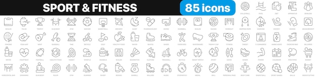 Sport and fitness line icons collection GYM diet sport icons UI icon set Thin outline icons pack Vector illustration EPS10