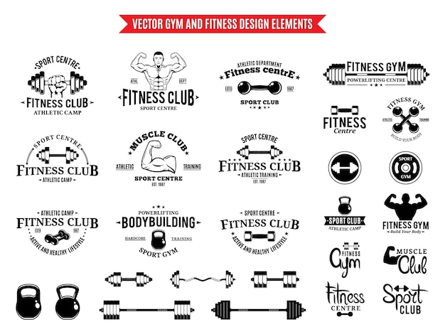 Etichette e elementi di design del logo della palestra sportiva e fitness