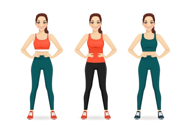 Vector sport fitness woman in different sportswear set isolated vector illustration