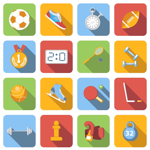 Sport flat icons set images with long shadow in square