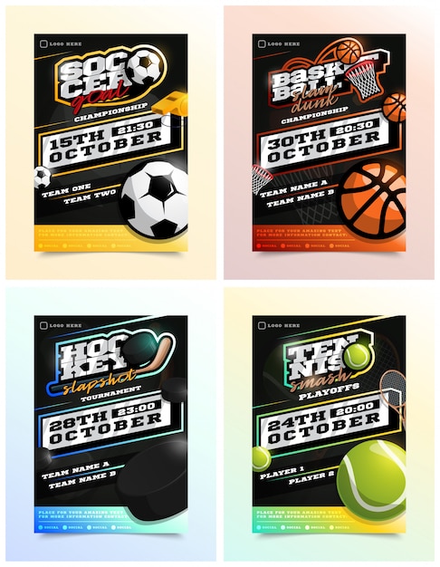 Sport flyer ad set. ice hockey, basketball, tennis, soccer or football