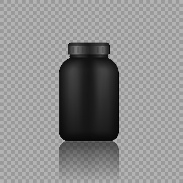 Sport food black containers realistic black plastic bottle with protein vector