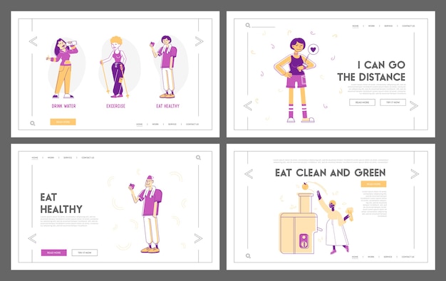 Sport and food for health website landing page set