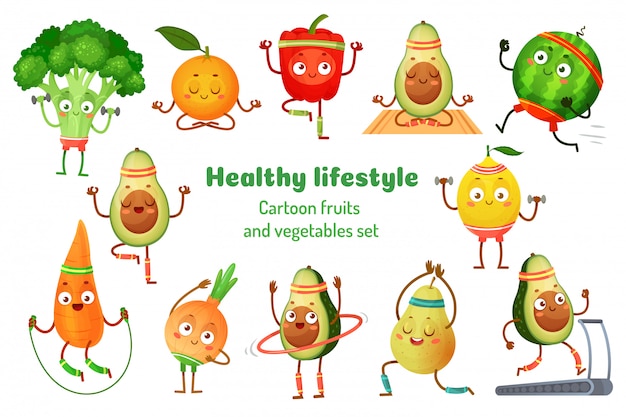 Спортивные фрукты и овощи. талисманы здорового образа жизни, фруктовые спортивные упражнения и авокадо йога тренировки мультфильм иллюстрации набор